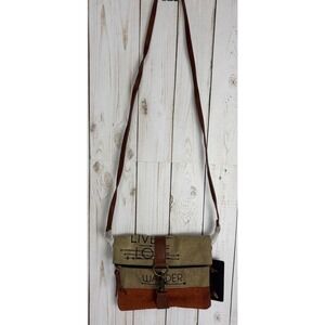 Mona B Live Love Wander Army Green Brown Canvas Crossbody Purse Bag Buckle Strap